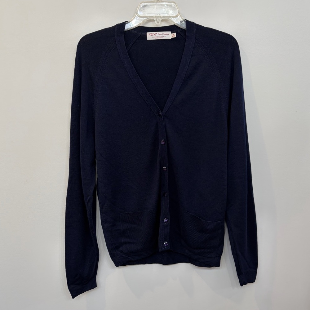 EWM Pure Classics Washable Lambswool Navy Cardigan Sweater Women's Size M V-neck